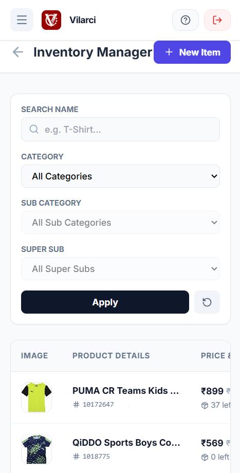 Vilarci Partner app — product management on a phone
