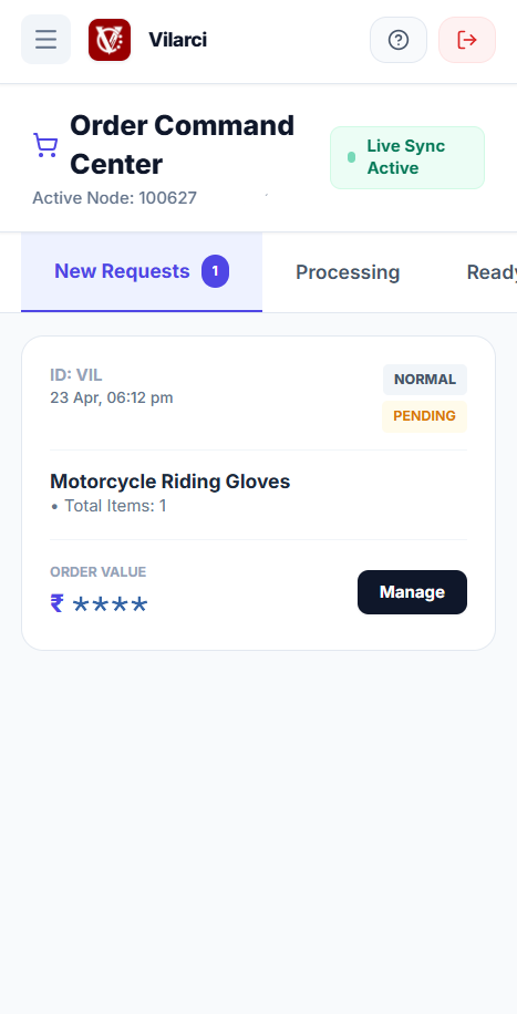 Vilarci Partner app — orders on a phone