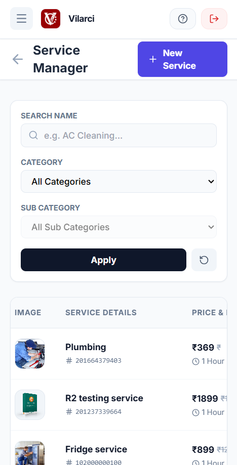 Vilarci Partner app — services on a phone